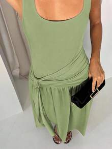 Glamine Sage Green Square Neck Sleeveless Ruched Maxi Dress,Elegant Summer Dinner Date Outfits,Prom Graduation Wedding Party,Resort Vacation Casual Style - Green - View 3
