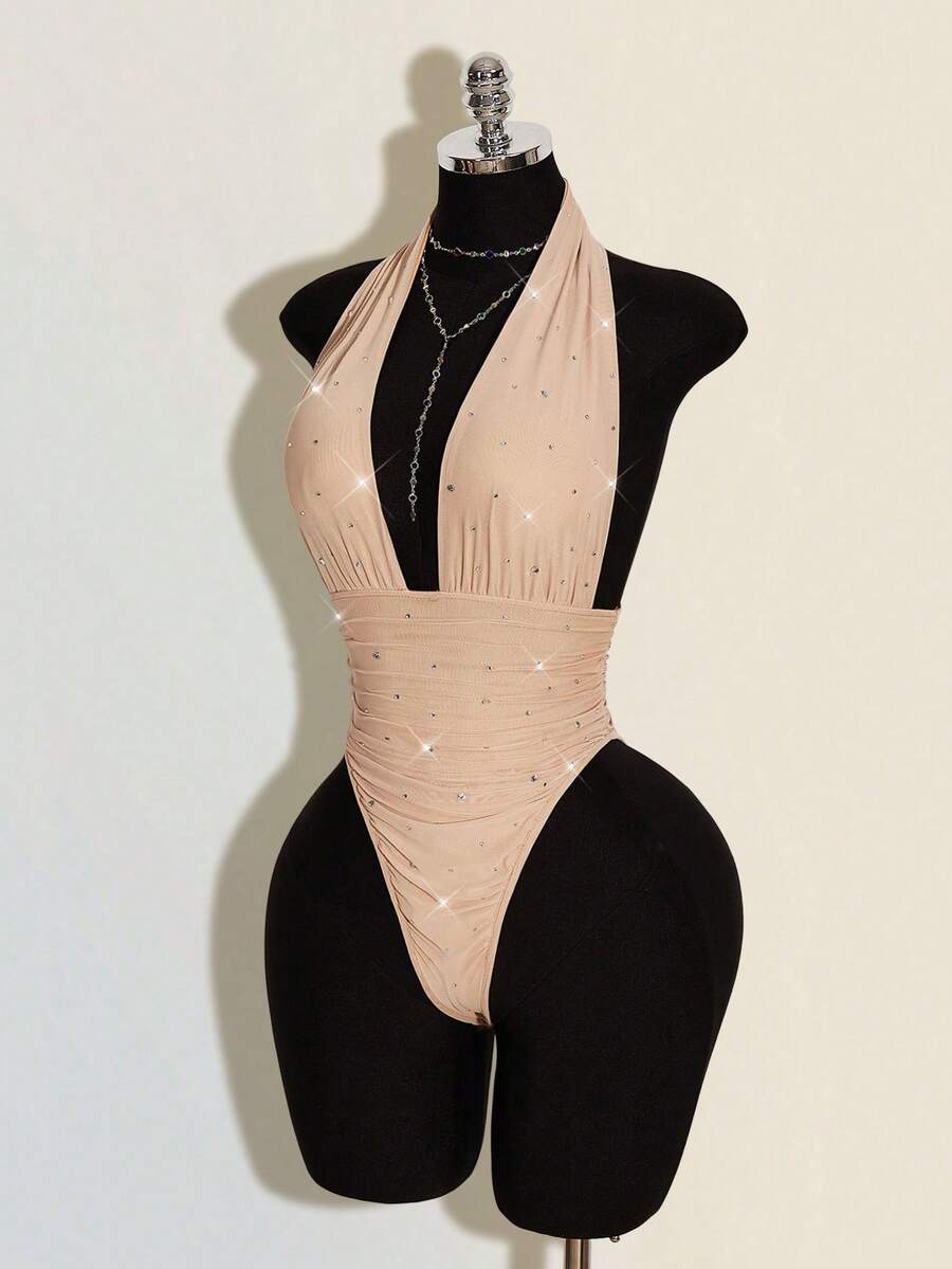 SHEIN ICON Rhinestone Embellished Halter Neck Bodycon Sleeveless Sexy Party Bodysuit - Khaki - View 1