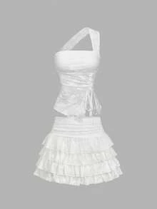 SHEIN MOD White Asymmetric Strap Slim Drawstring Slit Hem Women's Tank Top With Lace – Bohemian, Beachwear, Date, Party, Women's Summer And Spring Wear, Spring Break, Vacation, Picnic, Festival, Birthday - White - View 7