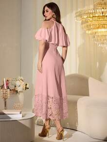 Modelyn 甜美青春的黄色优雅荷叶边露肩刺绣拼接中长连衣裙（女款） - 粉色 - 查看 5