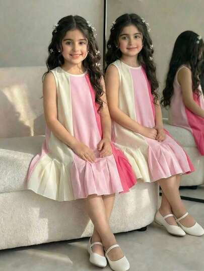 Girls' Colorblock Asymmetrical Hem Sleeveless Round Neck Dress, Pink, Versatile & Cute For Daily Wear, Summer