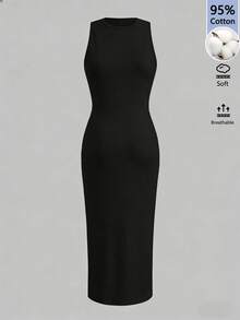 SHEIN LUNE 女士休闲棉质修身中长连衣裙，黑色 - 黑色 - 查看 3