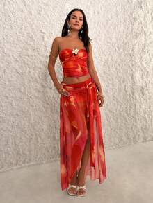 Firerie 两件套女士针织网纱印花露脐上衣和低腰开衩裙，度假套装，夏季服装，女士性感度假扎染印花褶皱上衣套装，不对称开衩裙套装，春夏套装，优雅，约会，派对，音乐节，波西米亚风，度假，波西米亚风，海滩，夏威夷 - 彩色 - 查看 11