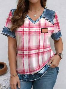 EMERY ROSE Camiseta casual de talla grande con cuello en V, manga corta y estampado de rayas de patchwork, para primavera y verano - Multicolor - Ver 1