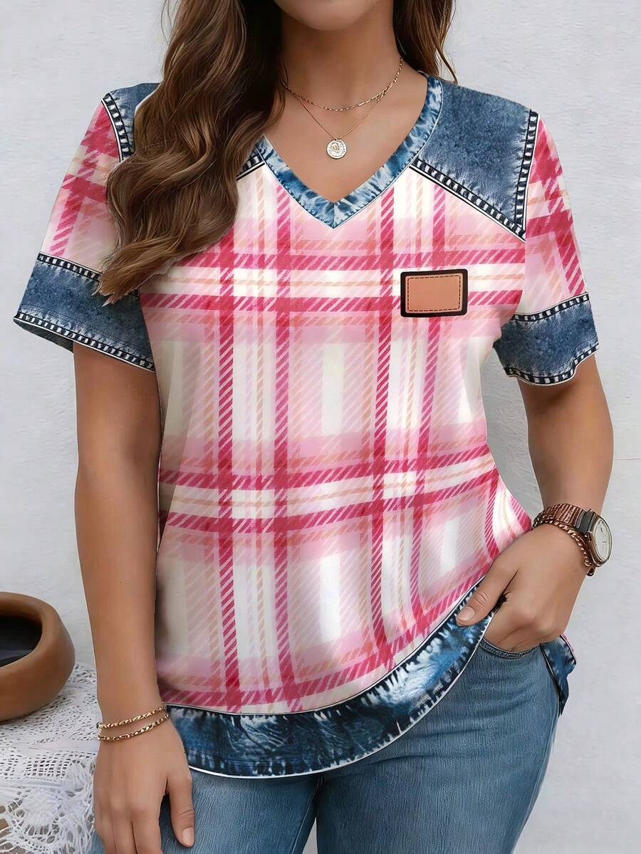 EMERY ROSE Camiseta casual de talla grande con cuello en V, manga corta y estampado de rayas de patchwork, para primavera y verano - Multicolor - Ver 1