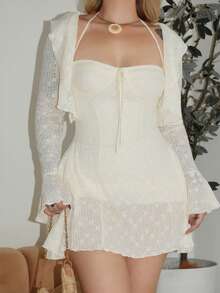 Arliah 2 件套女士秋冬时尚蕾丝花边吊带背心和蕾丝领带腰部 A 字迷你连衣裙套装 - 杏色 - 查看 6