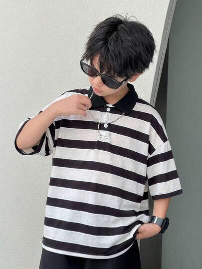 韩版男童休闲针织条纹短袖polo衫，适合通勤、上学、休闲、运动、春夏穿着