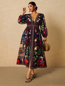 Travachic 秋冬大码复古波西米亚风印花长袖女式连衣裙 - 藏蓝色 - 查看 5
