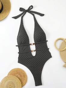 Swim SXY 纯色特殊面料挂脖抽绳高衩连体泳衣 - 黑色 - 查看 4