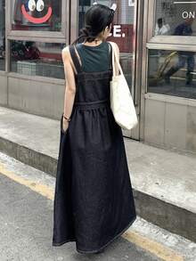 FRIFUL 女士休闲长款牛仔背带裙 - 藍色 - 查看 8