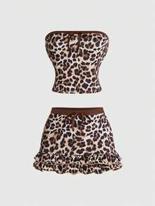 ROMWE Y2K Streetwear Leopard Print Cropped Camisole Top And Mini Skirt 2 Pieces Set For Women - Multicolor - View 1