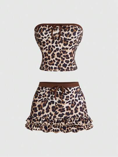 ROMWE Y2K Streetwear Leopard Print Cropped Camisole Top And Mini Skirt 2 Pieces Set For Women