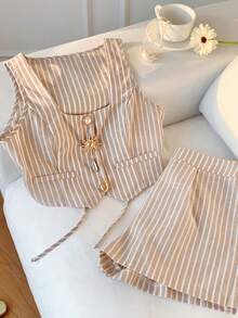 Conjunto de 2 piezas de mujer con cárdigan a rayas color albaricoque y shorts - Negro - Ver 4