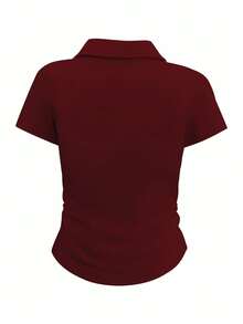 Franclia Women's Solid Color Polo Collar Short Sleeve Casual Versatile T-Shirt - Burgundy - View 2