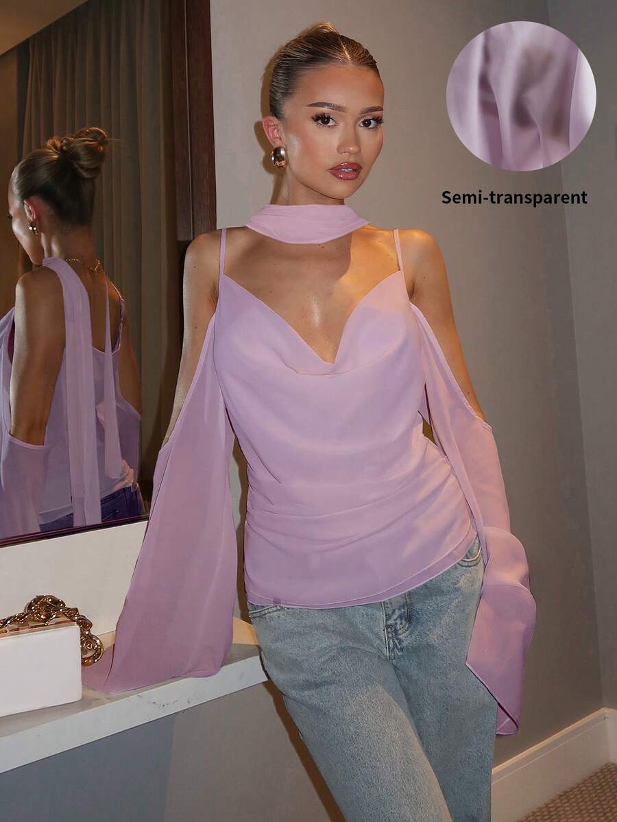 Glamine Charm 2025新款优雅纯色吊带无袖雪纺上衣，女士长款薄纱袖半透明上衣，女士高领上衣，性感女士上衣 - 淡紫色 - 查看 1