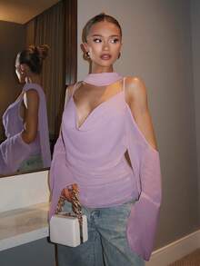 Glamine Charm 2025新款优雅纯色吊带无袖雪纺上衣，女士长款薄纱袖半透明上衣，女士高领上衣，性感女士上衣 - 淡紫色 - 查看 2