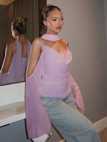 Glamine Charm 2025新款优雅纯色吊带无袖雪纺上衣，女士长款薄纱袖半透明上衣，女士高领上衣，性感女士上衣 - 淡紫色 - 查看 4