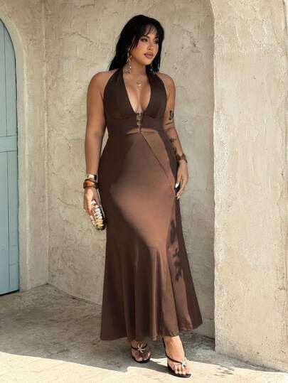 Rustia Plus Size Women Deep V-Neck Fitted Sexy Halter Dress