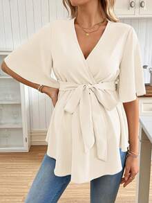 SHEIN Sommer Lässig Pendler Bluse für schwangere Frauen mit Wickelkragen, Rüschenärmeln und Bindung in der Taille Einfarbig - Beige - Übersicht 3