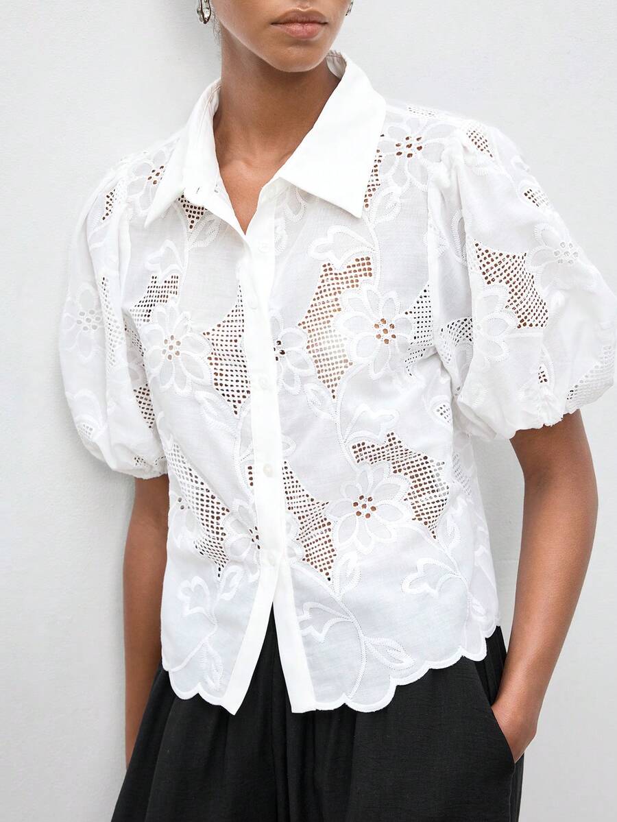 Maija Casual White Woven Fabric Top For Women Regular Length With Collar And Half Puff Sleeves White Eyelet Shirt - White - View 1