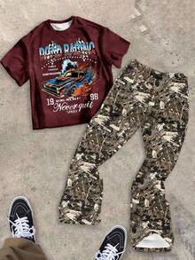 Conjunto de 2 piezas para niño preadolescente: Camiseta de manga corta con estampado gráfico de estilo casual Y2K y pantalón de chándal acampanado, adecuado para primavera/verano y otoño/invierno - Blanco - Ver 5