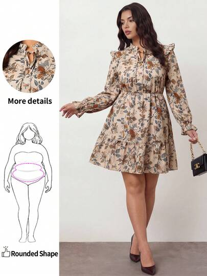 Enliva 大码女式碎花荷叶边系领长袖休闲连衣裙 花朵/冬季