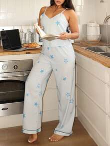 Striped & Star Print Camisole Top And Pants Women Pajama Set - Multicolor - View 2
