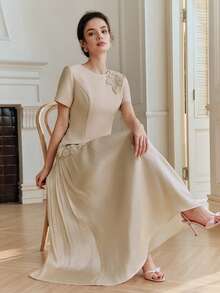 Anewsta Đầm dài thanh lịch đính hoa ngọc trai dành cho nữ - Màu be - Xem 2