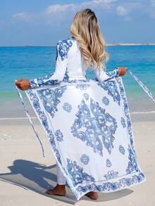 Swim Mulvari Bộ đồ bơi liền thân dài tay Burkini dành cho nữ, có kèm váy, thích hợp cho mùa xuân/hè, đi biển, dự tiệc. - Xanh và trắng - Xem 1