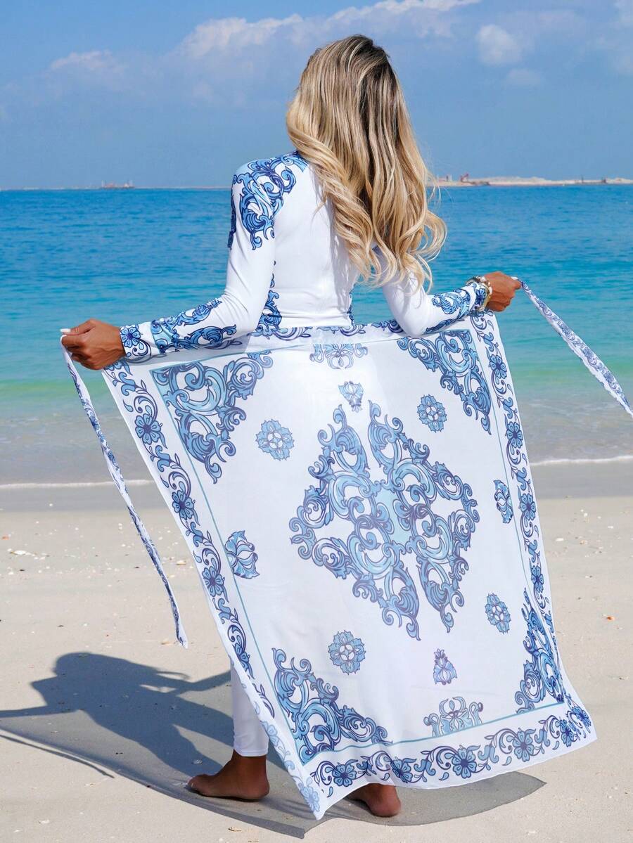 Swim Mulvari Bộ đồ bơi liền thân dài tay Burkini dành cho nữ, có kèm váy, thích hợp cho mùa xuân/hè, đi biển, dự tiệc. - Xanh và trắng - Xem 1