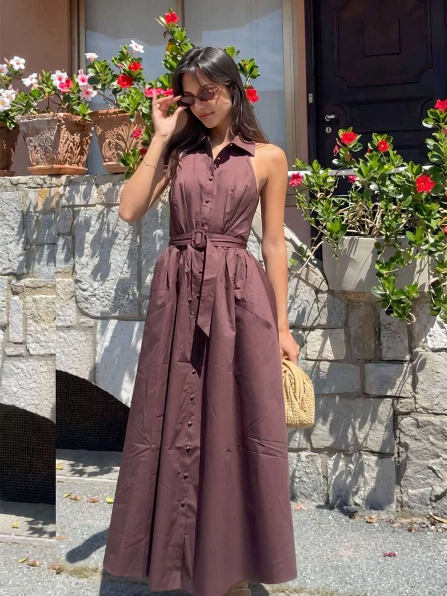 Firerie 女士优雅简约通勤假日情人节纯色A字连衣裙，配腰带