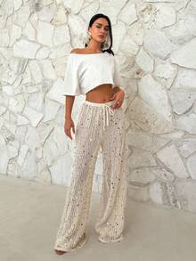 Firerie Women's Elegant Casual Beach Vacation Music Festival Party Low Waist Drawstring Knit Sheer Wide-Leg Pants, Spring/Summer - Beige - View 7