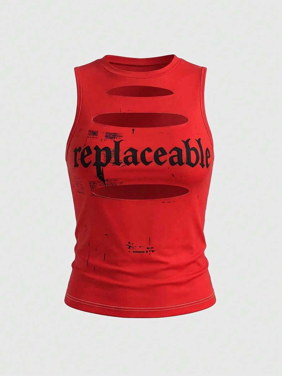 Rina Fox Summer Fashion Letter Print Hollow Out Slim Fit Tank Top - Red - View 1