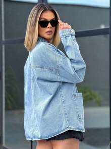 Women's Long Sleeve Jean Jacket - Medium Wash - View 4