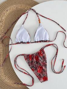Swim Vcay Tropical Plant Print Random Animal Leopard Bead Decor Beach Golf Outfit Women Casual Sexy Vacation Bikini Set Spring/Summer White - Multicolor - View 2