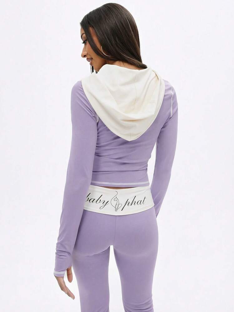 BABYPHAT Sudadera con capucha y cremallera corta con capucha y pespuntes contrastantes, top de manga larga de ropa deportiva