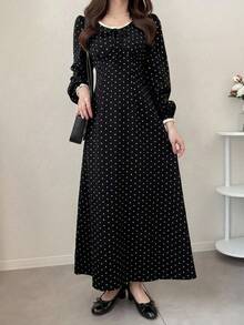 FRIFUL Patchwork Contrast Color Lace Trim Long Sleeve Cinched Waist Polka Dot Sweet Casual Versatile Dress Sundress - Black - View 2