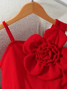 Tween GirlsSweet & Cool Red 3D Floral Camisole Asymmetric Wide Leg Jumpsuit, Casual Wear & Party, Spring/Summer - Red - View 3