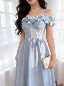 Feyla New Arrival Spaghetti Strap Off-Shoulder Pleated Romantic Ruffle Waist Elegant A-Line Cocktail Party Dress - Blue - View 2