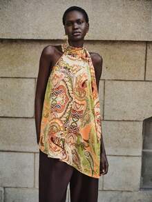 Lumivelle Áo hai dây nữ dáng suông, chất liệu satin, họa tiết Paisley nhiều màu, cổ yếm cao, bèo nhún, thắt nơ to bản, vạt áo bất đối xứng, xòe rộng, lưng hở, thanh lịch, gợi cảm, sang trọng, lãng mạn, thường ngày, phong cách boho, nghỉ dưỡng, thích hợp cho mùa xuân/hè. - Nhiều màu - Xem 8