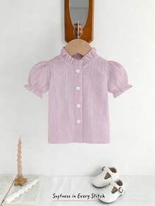 SHEIN Vintaside Kids 2026新款女婴夏季柔软舒适面料，时尚新款，度假旅行必备，女婴白色休闲纹理短袖衬衫，适合外出、休闲和聚会。 - 粉色 - 查看 4