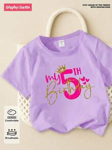 少女卡通图案圆领休闲日常短袖T恤 - 淡紫色 - 查看 1