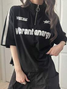 FRIFUL 女士运动街头风半拉链POLO衫，字母印花装饰，宽松T恤图案T恤 - 黑色 - 查看 3
