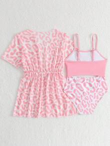 SHEIN 少女粉色豹纹镂空连体泳衣，含罩衫，两件套，适合游泳、夏季度假、海滩穿着 - 粉色 - 查看 2