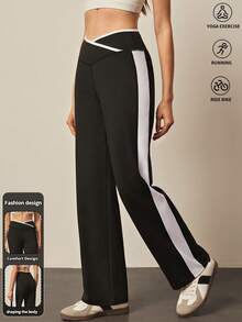 With My Calm Casual Sports Yoga Black & White Patchwork Criss-Cross Waist Pants - Black and White - View 3