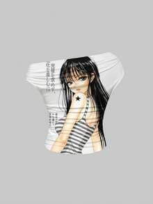 ROMWE Anime 女士斜肩褶皱卡通印花修身休闲T恤 - 白色 - 查看 2