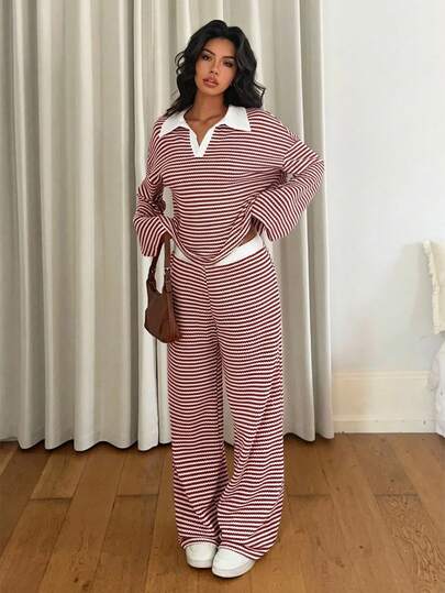 Siren Gaze Women's 2pcs Set Loose Striped V-Neck Drop Shoulder Long Sleeve T-Shirt &Elastic Waist Striped Pants, Winter Sweater Suit ,Autumn/Winter Comfy Two Piece Set 2 Piece Lounge Sets Woman Striped Two Piece Set Lounge Wear Women Set Comfortable Two Piece Set