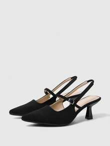 Sleekvia 女士新款高跟鞋，尖头，细高跟，后跟带，绒面革鞋带，简约舒适，百搭优雅通勤鞋 - 啞光黑色 - 查看 4