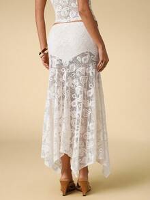 SHEIN BAE Women's Vacation Cashew Lace Asymmetric Hem Fashionable Skirt - White - View 2