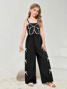 SHEIN Bộ 2 món cho bé gái tuổi teen: Áo croptop hai dây phối màu tương phản thanh lịch và quần ống đứng dệt họa tiết nơ, trang phục thường ngày, đi nghỉ mát, dự tiệc. - màu đen - Xem 4